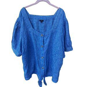 Womens Talbots Plus Linen Chambray Blue Top Size 3X Button Front Puff‎ Sleeves